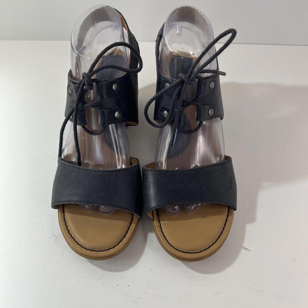 Born Comfort Sandals Womens Size 10 M Blue Leather Straps Block Heels Lace Tie